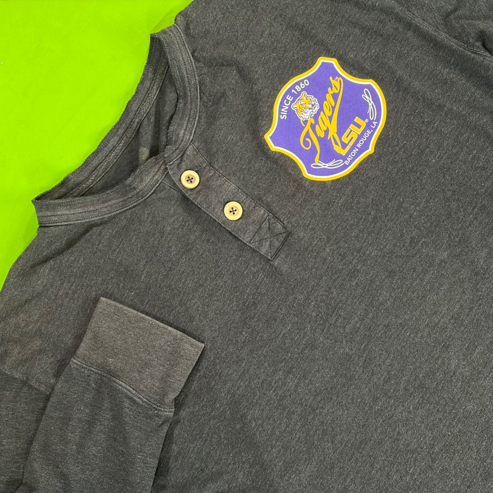 LSU Tigers Henley Shirt Mens Gray LS Purple/Gold Logo Football Louisiana College